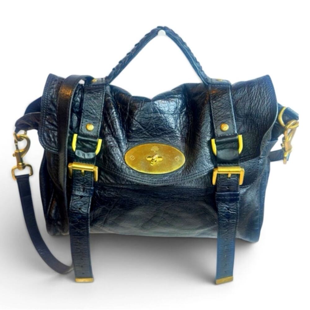 Mulberry Alexa Black Distressed Leather Satchel Crossbody Bag ~ Brass Hardware